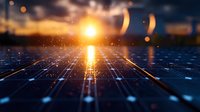 Glowing digital grid landscape with bright sun reflection and lens flares, futuristic technology concept with illuminated network lines extending to horizon.
