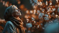 Young woman with headscarf looking up at blooming tree branches in warm golden sunlight, peaceful moment of connection with nature during spring season.