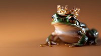 Green tree frog wearing golden crown against warm brown background, symbolizing fairy tale concept of frog prince transformation.
