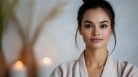 Young mixed race woman with natural makeup and hair in bun wearing beige bathrobe relaxing at spa with soft candlelight and palm plant in background.