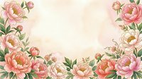 Watercolor peony flowers frame border with soft pink blooms and green leaves on cream background for wedding invitations and romantic designs.