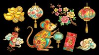 Colorful Chinese New Year elements set isolated on transparent background, featuring rat zodiac, lanterns, gold ingots, cherry blossom, firecracker, red envelope, lucky cloud, ready for clipart, sublimation, t-shirt design.