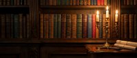 Vintage library interior with antique books on wooden shelves, candlelight illumination creating warm atmospheric study room for reading and research.