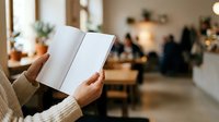 Person holding open blank white notebook with both hands in modern cafe or office setting with blurred background, suitable for branding, education, planning, and business concepts.
