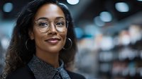 Professional African American businesswoman with glasses and curly hair smiling confidently in modern office environment with blurred background lights.