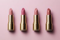 Four luxury golden lipsticks in nude and pink shades arranged in row on pink background, minimal flat lay composition for beauty and cosmetics marketing.