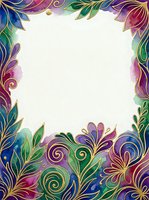 Watercolor floral border with gold outlines in vibrant purple, green, and blue tones, framing a white center for text or design.