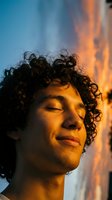 Young mixed-race man with curly hair enjoying peaceful moment with closed eyes in warm golden sunset light for wellness and mindfulness concepts.