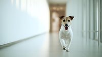 Small white and brown Jack Russell terrier dog running down bright modern hospital or veterinary clinic corridor with tongue out looking happy and energetic.