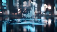 Futuristic holographic city skyline projection emerging from digital water ripples with glowing blue light effects and bokeh urban background for technology concepts.