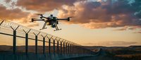 Professional drone flying over security perimeter fence at sunset with dramatic sky. Modern surveillance technology for border monitoring and aerial inspection.