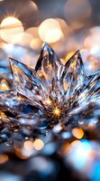 Crystal flower with sparkling facets against blurred golden bokeh background, glowing with blue and amber light reflections creating magical atmosphere.