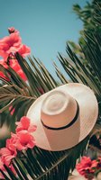 Straw sun hat among tropical palm leaves and coral hibiscus flowers against turquoise sky, creating dreamy summer vacation atmosphere.