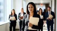 Professional Hispanic businesswoman in dark suit holding documents in modern office corridor with diverse team of colleagues in background.
