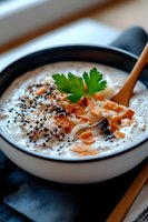 Creamy seafood chowder garnished with fresh parsley, black sesame seeds and salmon flakes served in white ceramic bowl. Comfort food for cold weather.