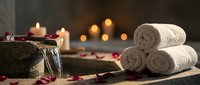 Spa wellness setup with rolled towels, burning candles, rose petals and warm ambient lighting creating relaxing atmosphere for massage therapy treatments.