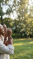 Happy young African American woman blowing soap bubbles in sunny park with friend enjoying carefree outdoor leisure time together.