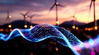 Glowing blue light trail wave against wind turbine silhouettes at sunset, creating magical atmosphere with bokeh lights and mountain backdrop. Perfect for energy concepts.