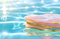 Pastel seashell with gold accents floating on sparkling turquoise water surface, creating dreamy summer aesthetic for spa and wellness designs.