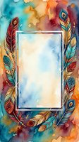 Watercolor feather frame with colorful bohemian plumes surrounding blank space for text or design on artistic painted background for invitations and cards.