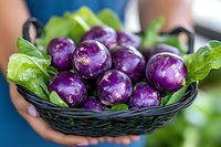 Fresh purple eggplants in black woven basket with green leaves, close-up view showing glossy skin and natural organic produce for healthy cooking.