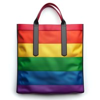 Rainbow striped tote bag with black leather handles on white background, perfect for pride month marketing, fashion accessories and lifestyle designs.