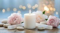 Spa wellness scene with burning white candle, pink peonies and smooth stones creating peaceful relaxation atmosphere for meditation and self-care rituals.