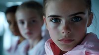 Young blonde girl with blue eyes in pink hoodie looking at camera with serious expression while another child sits blurred in background indoors.