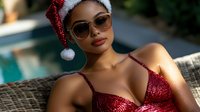 Young Asian woman in red sparkly dress and Santa hat relaxing by pool, wearing sunglasses with glamorous makeup and red lips, golden hour lighting creates festive holiday mood.
