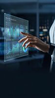 Businesswoman touching holographic display with real-time productivity analytics, growth charts and financial data visualization for corporate business intelligence and data analysis applications.
