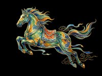 Ornate galloping horse with flowing mane and tail featuring intricate gold, teal, and orange decorative patterns. Isolated on transparent background, ready for t-shirts, clipart, stickers, and print-on-demand designs.