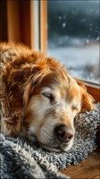 Sleepy golden retriever dog resting on cozy blanket by window during winter snowfall, peaceful indoor pet portrait for home comfort and relaxation themes.