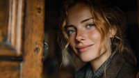 Young blonde woman with blue eyes smiling warmly in cozy rustic wooden interior with natural lighting for lifestyle and portrait photography.