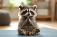 Curious raccoon sitting on blue mat indoors with blurred home interior background, suitable for wildlife, nature, and humorous animal content.