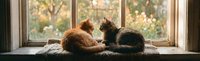 Two domestic cats sitting together on windowsill looking outside through large window with autumn foliage background creating cozy indoor pet scene.
