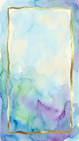 Watercolor frame with gold border and flowing blue, green, and purple washes on white background. Isolated design element ready for invitations, cards, posters, and social media graphics.