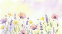 Watercolor wildflower meadow with purple lavender and pink poppies on soft pastel background for spring garden design and botanical decoration projects.