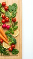 Fresh organic vegetables and herbs arranged on bamboo cutting board with copy space for healthy cooking and meal preparation concepts.