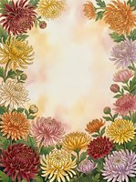 Watercolor chrysanthemum floral frame with colorful blooms in red, yellow, pink and purple on warm beige background with copy space.