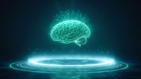Glowing neon brain hologram floating above circular light rings against dark background, representing artificial intelligence and future technology.