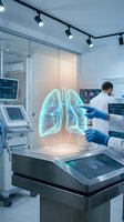 Medical professional analyzing holographic lung projection in modern healthcare facility with advanced diagnostic technology and digital displays.