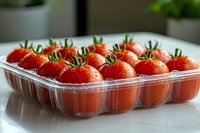 Fresh ripe cherry tomatoes with water drops in clear plastic container on white surface, bright natural lighting showcases vibrant red color and green stems.