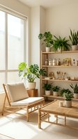 Bright minimalist interior with wooden furniture, potted plants, and natural light from large window, suitable for home decor and lifestyle design projects.
