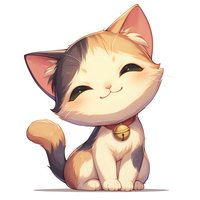 Adorable cartoon kitten with tricolor fur and bell collar smiling sweetly on white background. Kawaii style illustration for children's books and greeting cards.