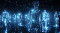Glowing blue holographic human figures standing in line against dark background with particle effects, representing digital transformation and future technology.