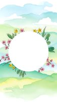 Watercolor spring frame with pink and yellow flowers on pastel green background. Round white space for text or logo design projects.