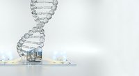 DNA double helix structure with laboratory equipment and molecular models on white surface, representing genetic research, biotechnology, and scientific innovation in medicine.