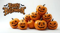 Carved jack-o-lantern pumpkins with glowing faces arranged in a pile, featuring happy expressions and traditional triangle eyes, isolated on white background for seasonal decorations and holiday designs.