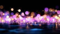 Magical glowing bokeh lights in purple and gold colors floating over dark reflective surface create dreamy nighttime atmosphere for festive backgrounds.