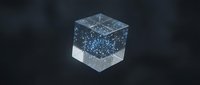Transparent glass cube with blue glowing particles and light effects floating inside, isolated on dark background, suitable for technology, innovation, and digital design projects.